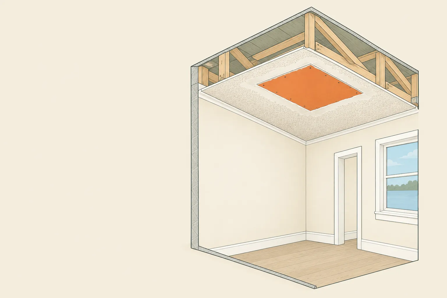 Drawing of a ceiling repair seen from below the roof trusses: a damaged section cut out and replaced with a new drywall patch, shown in orange, taped and blended into the textured ceiling.