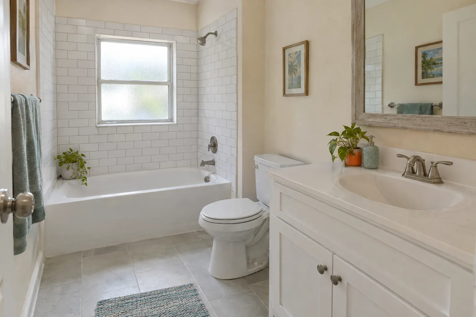Example image, not one of our jobs: a hall bathroom with a white tiled tub surround, a white vanity, a framed mirror and a light grey tile floor.