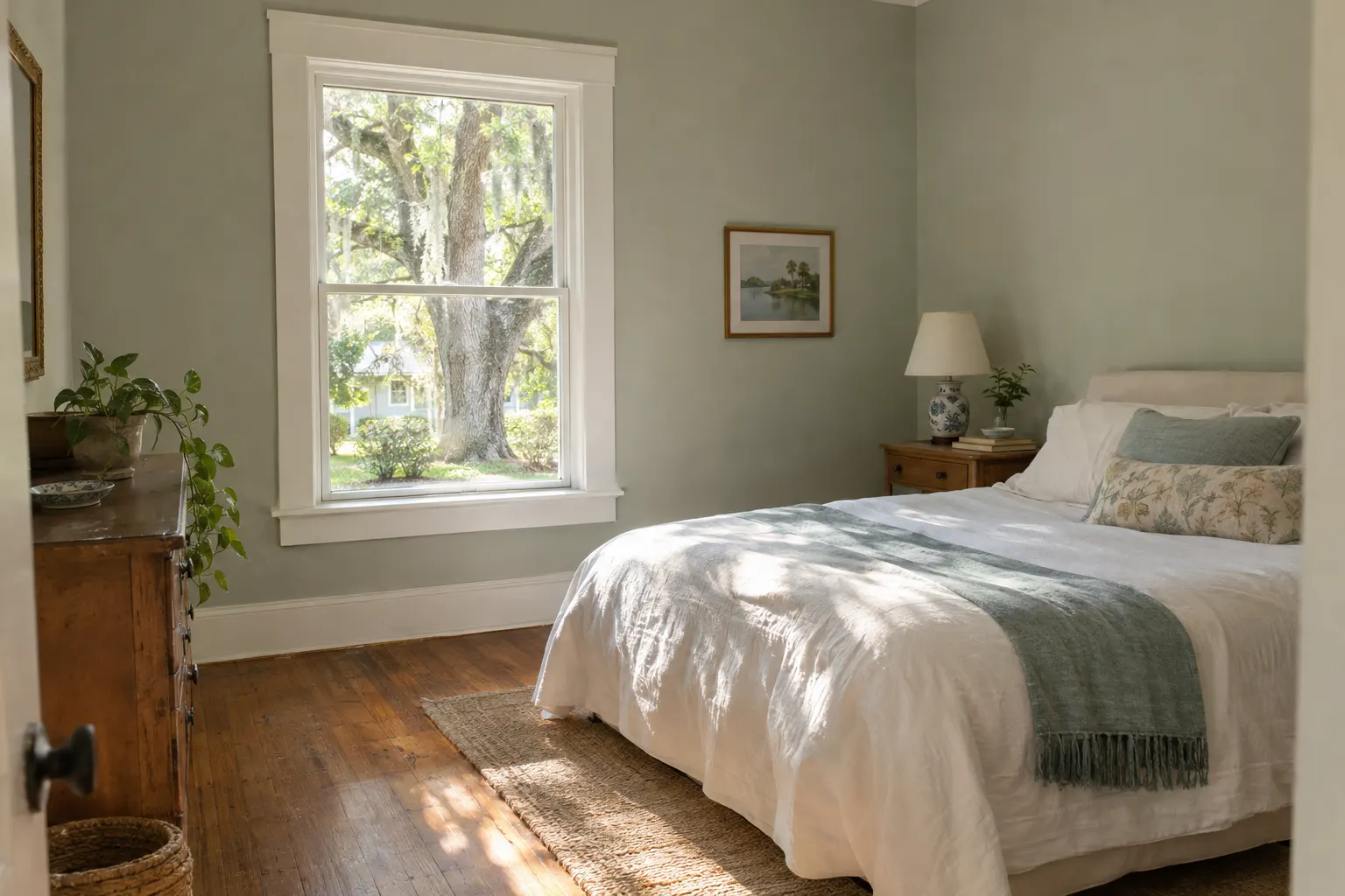 Example image, not one of our jobs: a bedroom in an older Lakeland bungalow with pale sage walls, wide white window trim, a wood floor and an oak tree outside the window.