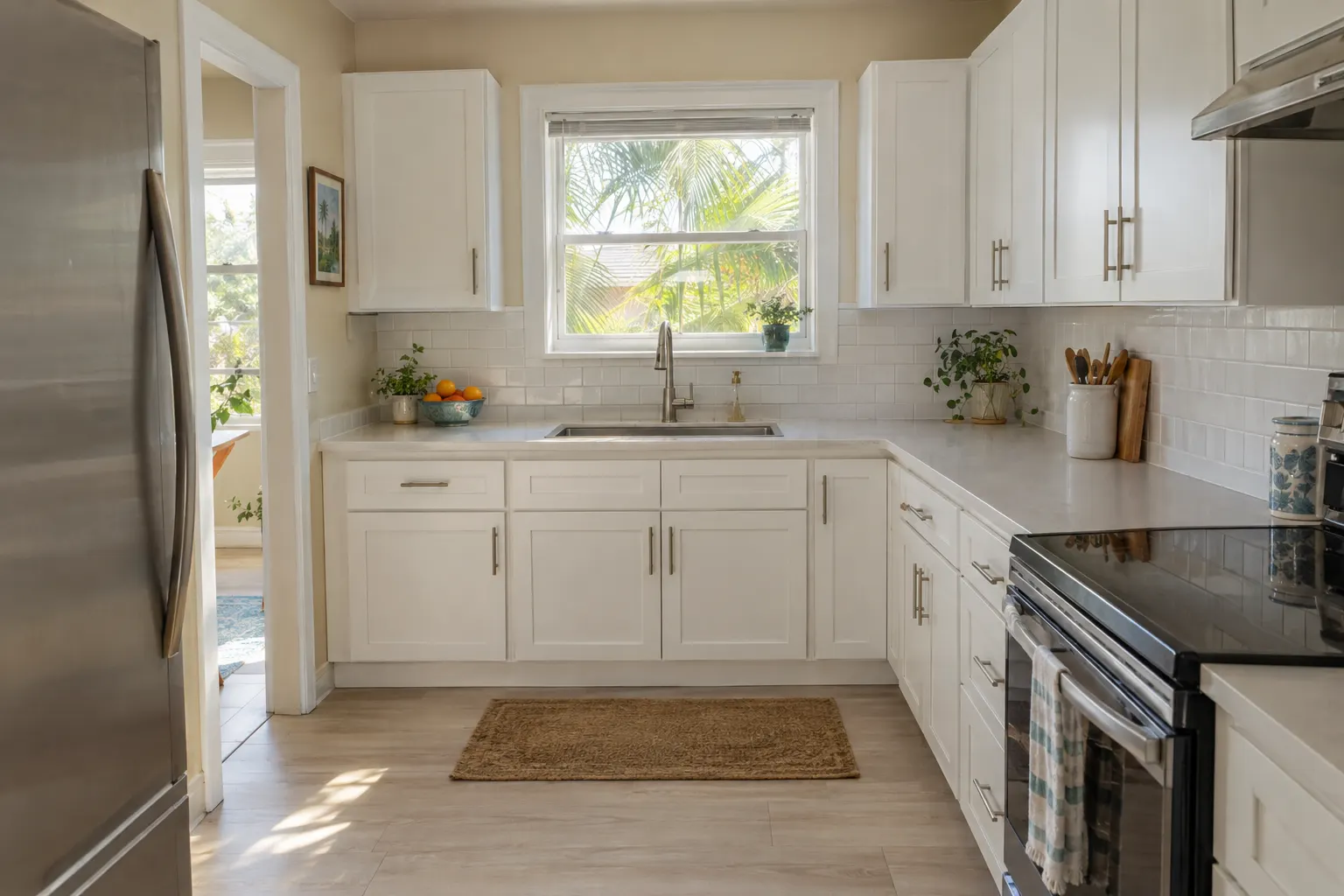 Example image, not one of our jobs: a modest kitchen with white shaker cabinets, a light countertop, a white subway tile backsplash and a window over the sink.