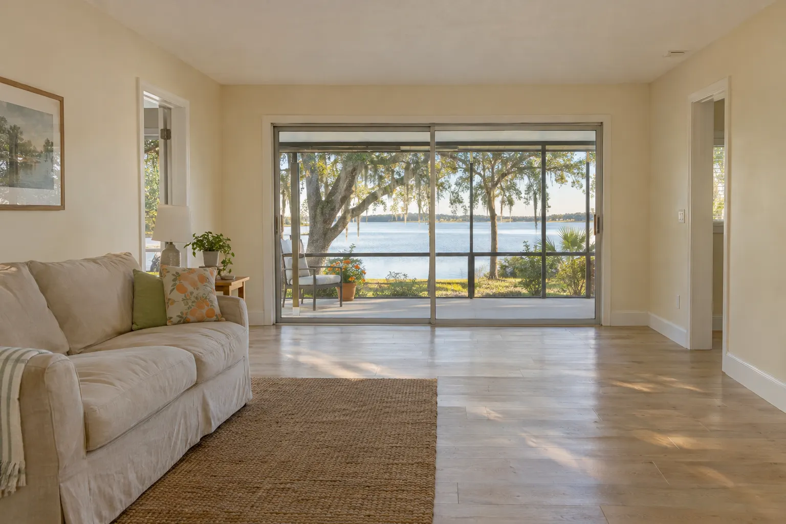 Example image, not one of our jobs: a renovated living room in a Florida ranch home with a smooth white ceiling, cream walls, white trim, a plank floor and a sliding door to a screened lanai over a lake.