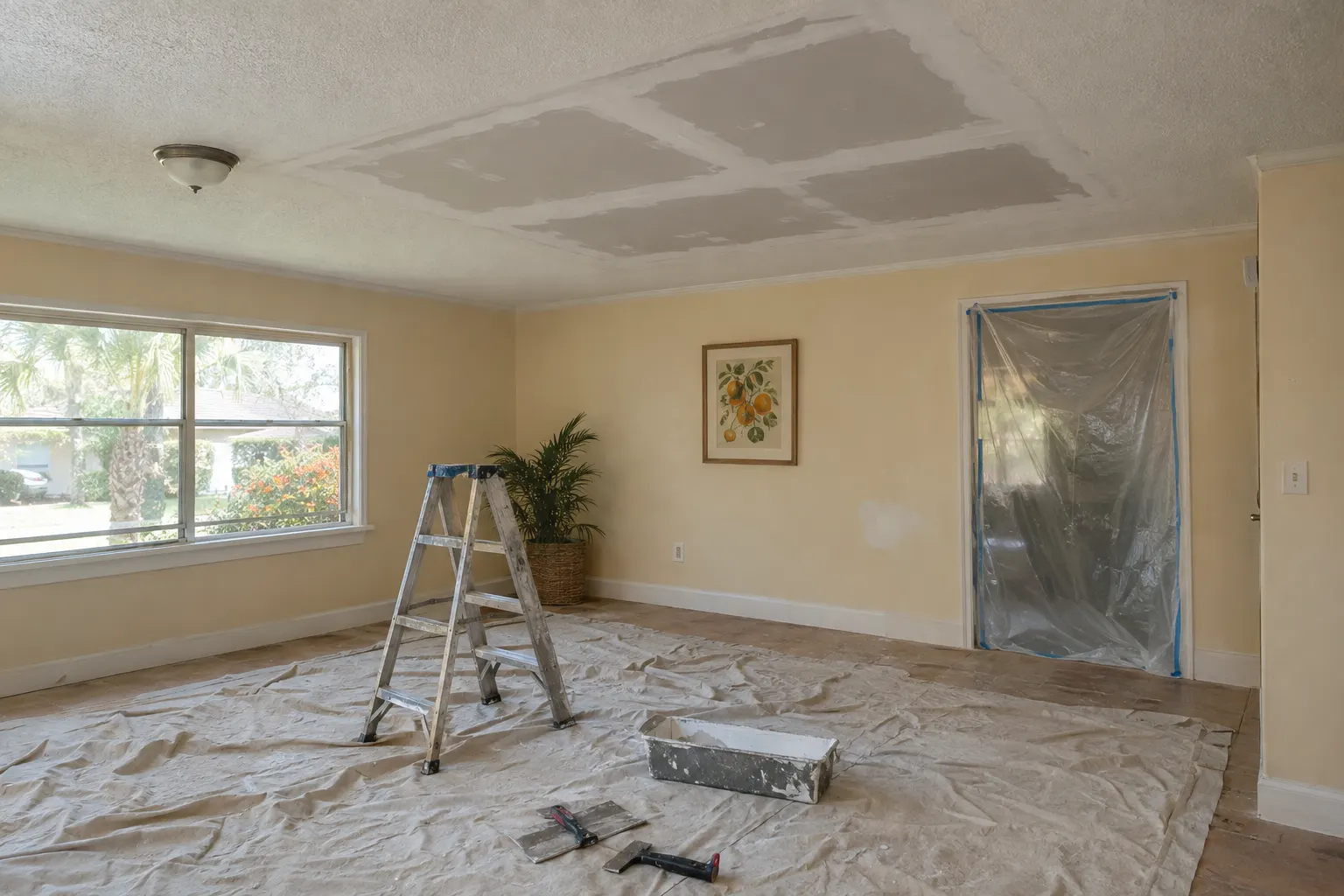 Example image, not one of our jobs: a room mid-repair with new drywall patches on the ceiling covered in fresh joint compound, the floor under a drop cloth, a stepladder and plastic over the doorway.