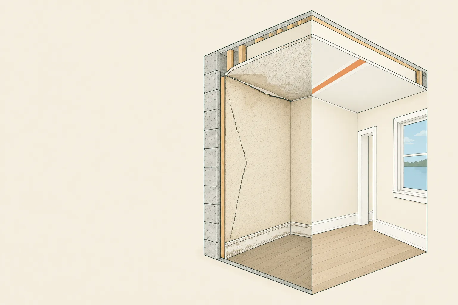 Drawing of a Florida room corner cut open to show the concrete block, furring strips and drywall, split down the middle: on the left a water-stained, sagging textured ceiling and a cracked wall; on the right the same room renovated with a smooth ceiling, fresh cream walls, white trim and a new taped seam in orange.