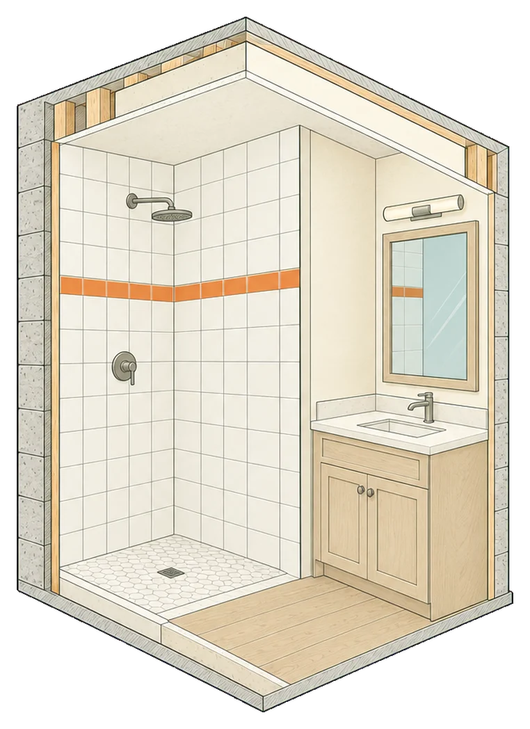 Drawing of a bathroom corner with a white tiled shower, a vanity and mirror, and one row of orange tile.