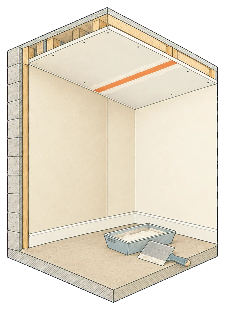 Drawing of a ceiling and wall corner mid-repair: a new drywall sheet on the ceiling with its seam taped and mudded in orange, a mud pan and taping knife on the floor.