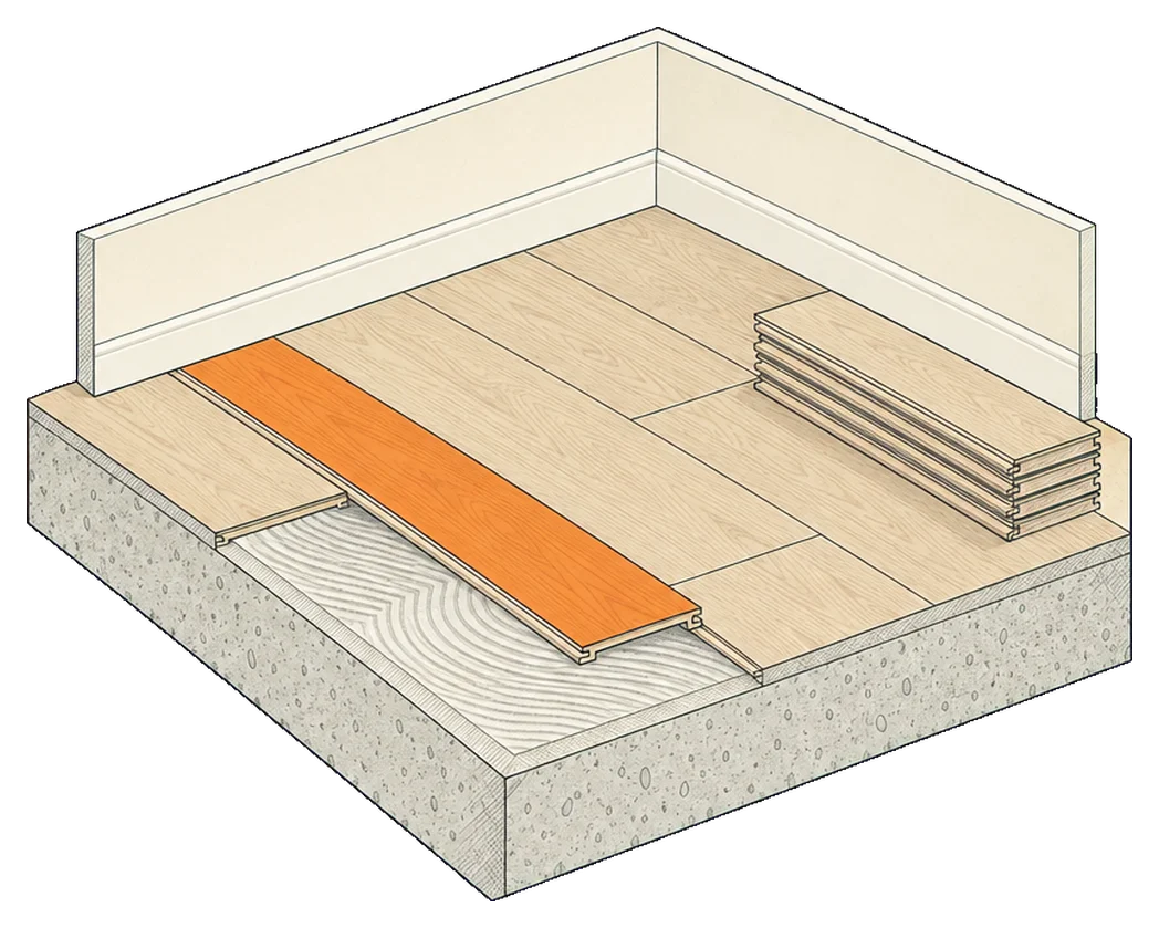 Drawing of plank flooring being laid over a concrete slab, the plank going in shown in orange.