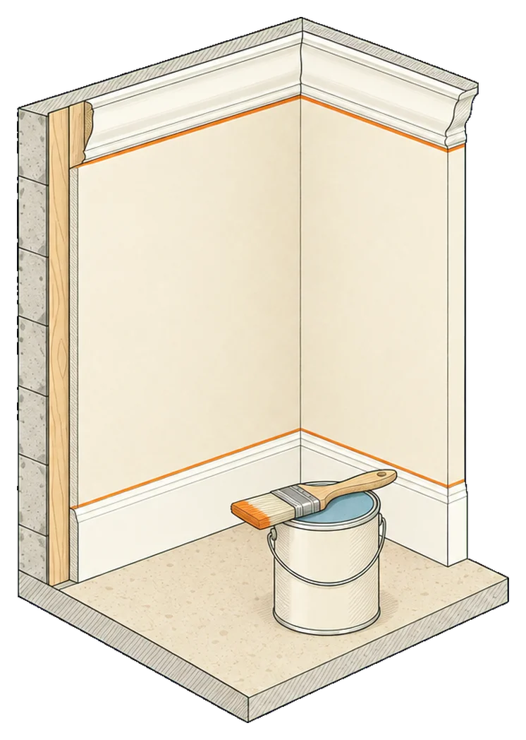 Drawing of a freshly painted cream wall with white crown moulding and baseboard, the cut-in line in orange, and a brush on a paint can.