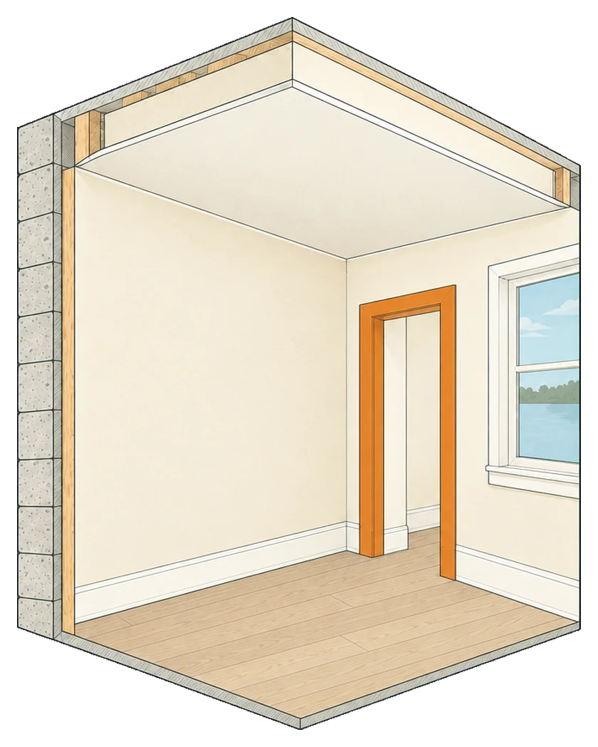 Drawing of a renovated room corner with a smooth ceiling, cream walls, white baseboards, a plank floor and a new door casing in orange.