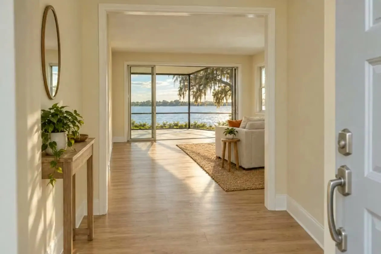 Example video, not one of our jobs: a slow walkthrough of renovated Florida homes, from a hall into a lake-view living room, a white kitchen, a tiled bathroom, then a sage-green kitchen and a living room with built-ins.